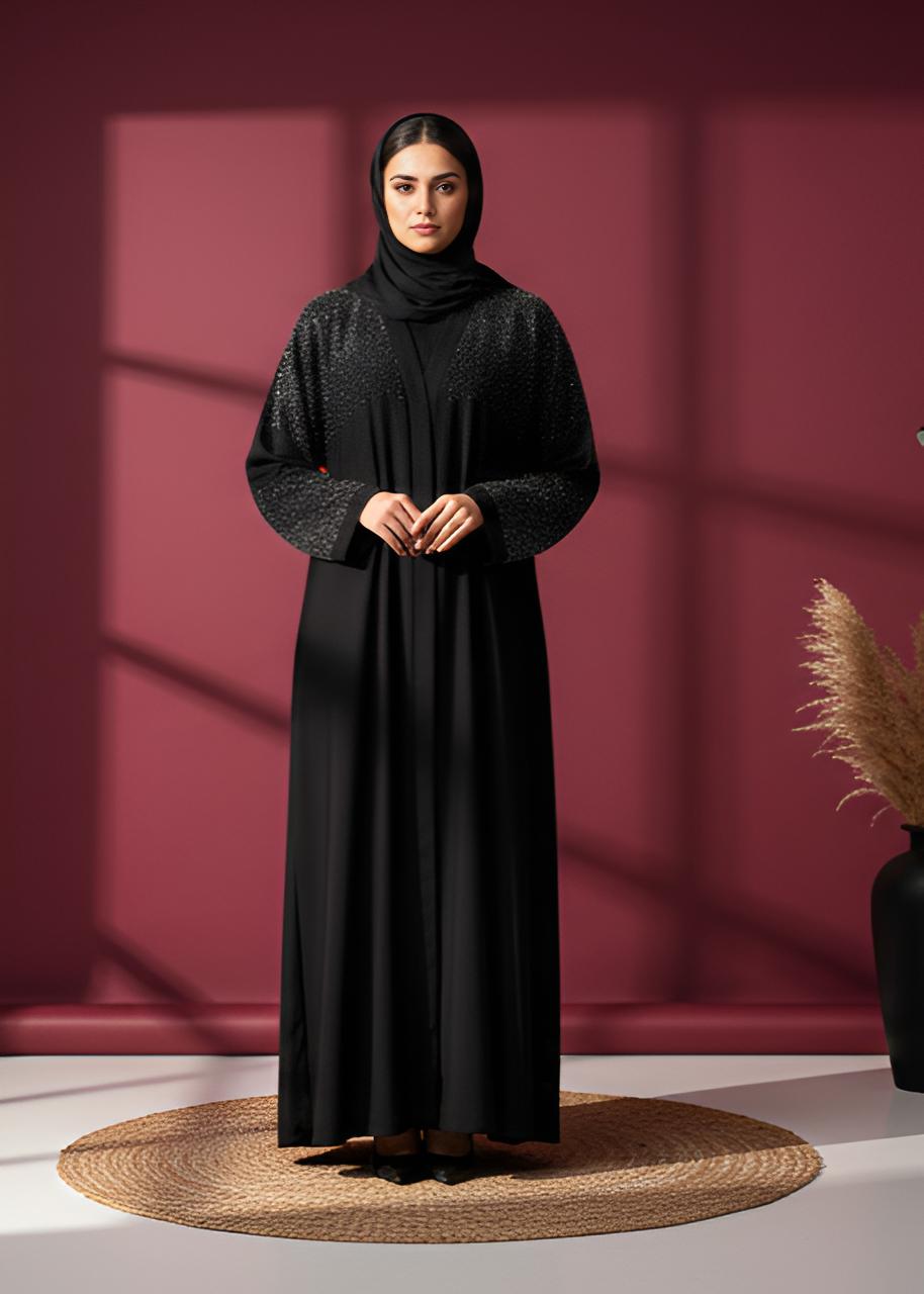 Starlit Black Abaya- Rhinestones – Elegant Long Maxi Kaftan, djellaba, or jalabiya Made from Jazz, Crepe, Georgette | Islamic