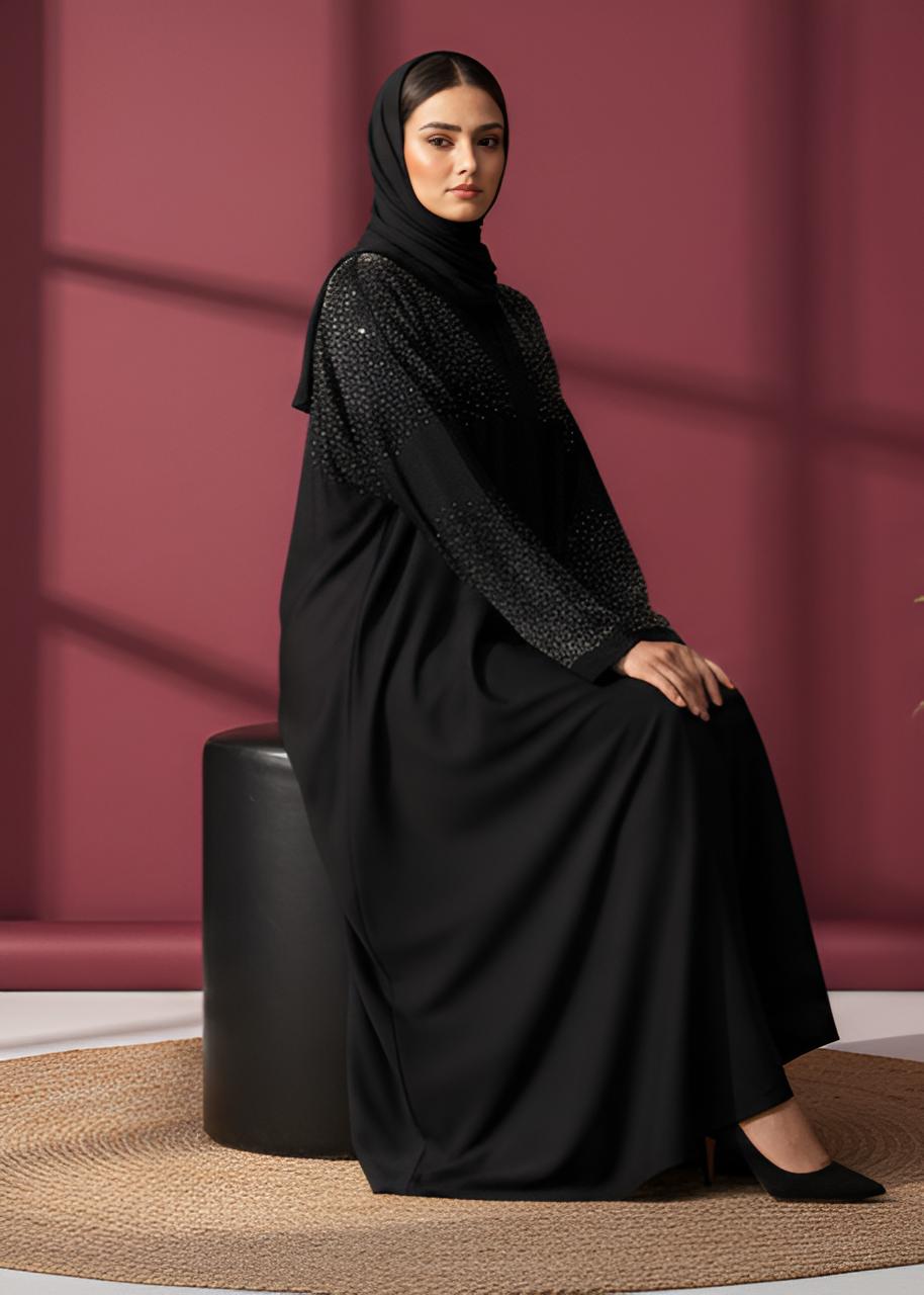 Starlit Black Abaya- Rhinestones – Elegant Long Maxi Kaftan, djellaba, or jalabiya Made from Jazz, Crepe, Georgette | Islamic