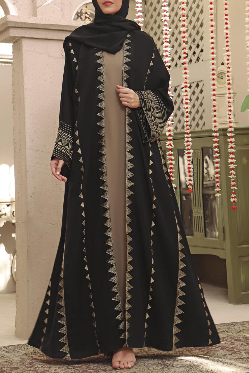 Black Open Coat Style Abaya – Elegant Long Maxi Kaftan, djellaba, or jalabiya Made from Jazz, Crepe, Georgette | Islamic